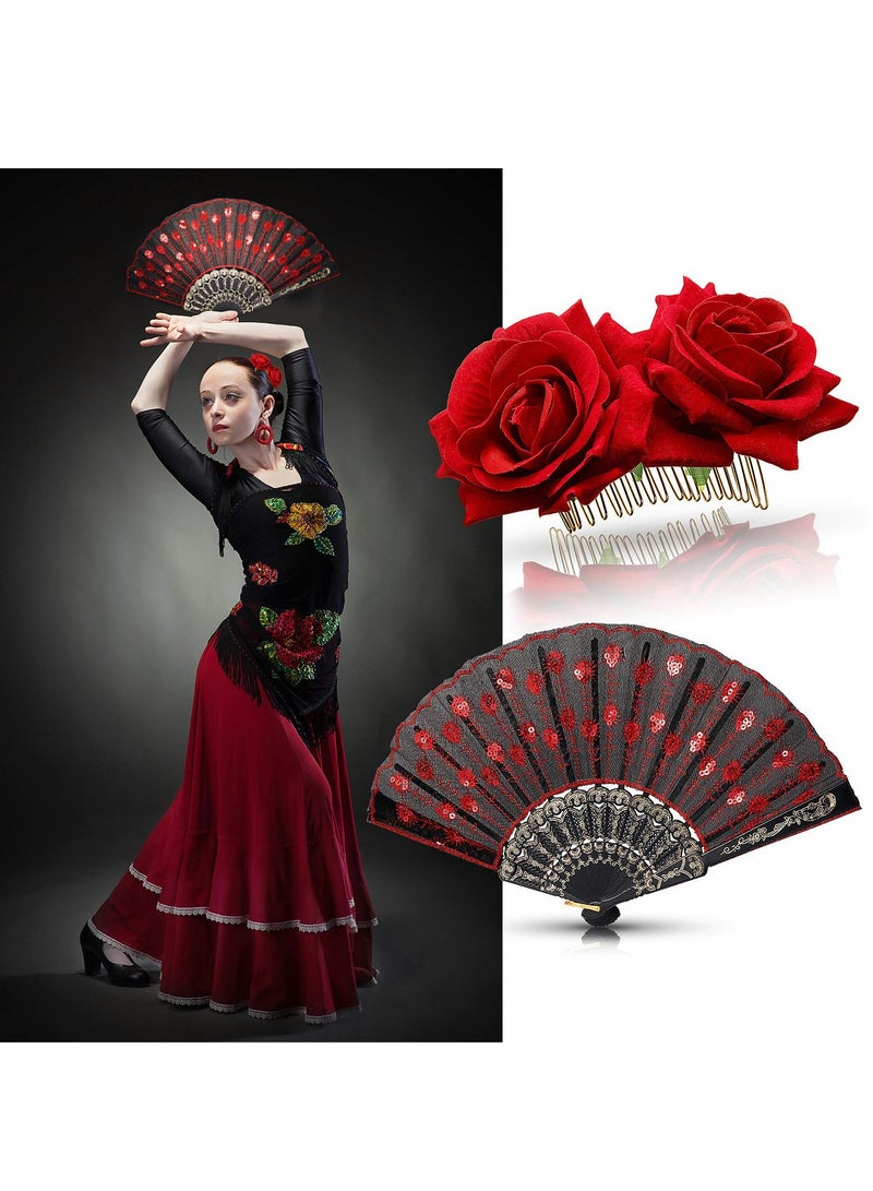 Excefore 2 Pieces Women Rose Flower Hair Clip and Embroidered Sequins Fabric Handheld Folding Fan Accessories for Flamenco Dancer Costume Girl Cosplay Party - Image 1