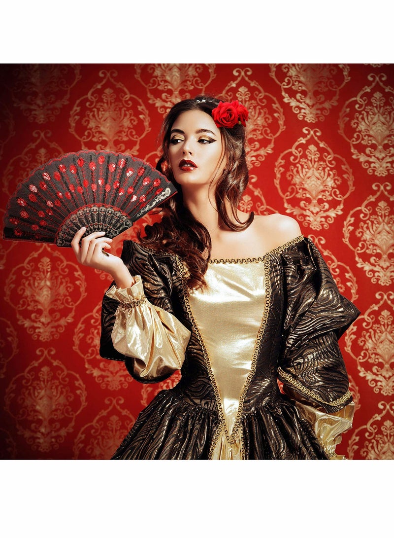 Excefore 2 Pieces Women Rose Flower Hair Clip and Embroidered Sequins Fabric Handheld Folding Fan Accessories for Flamenco Dancer Costume Girl Cosplay Party - Image 2