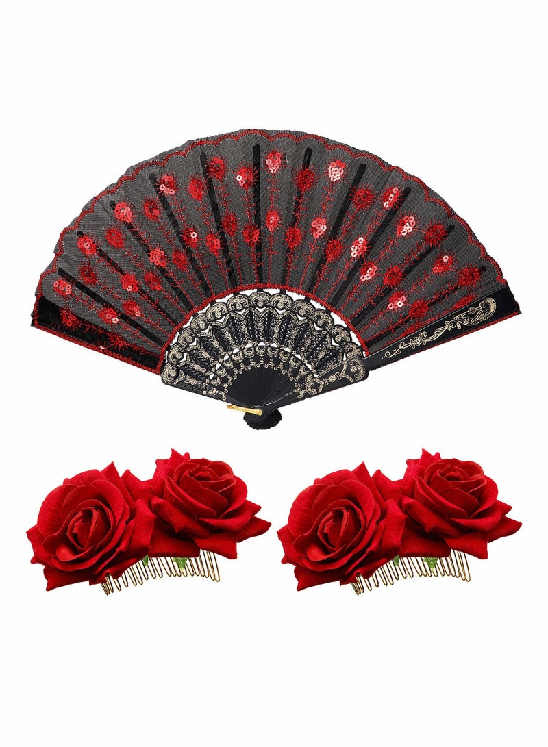 Excefore 2 Pieces Women Rose Flower Hair Clip and Embroidered Sequins Fabric Handheld Folding Fan Accessories for Flamenco Dancer Costume Girl Cosplay Party - Image 3
