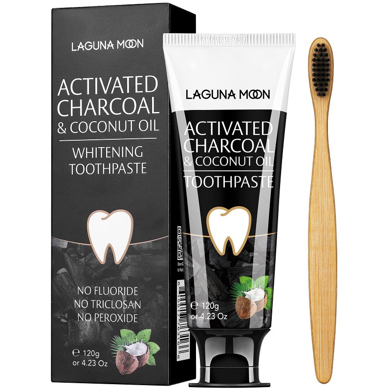 Lagunamoon Whitening Charcoal Toothpaste for Sensitive Teeth Enamel Repair Cavity Protection Natural Toothpaste for Whitening Removing Stains Mint Flavor Freshen Breath Mint Gel No Peroxide