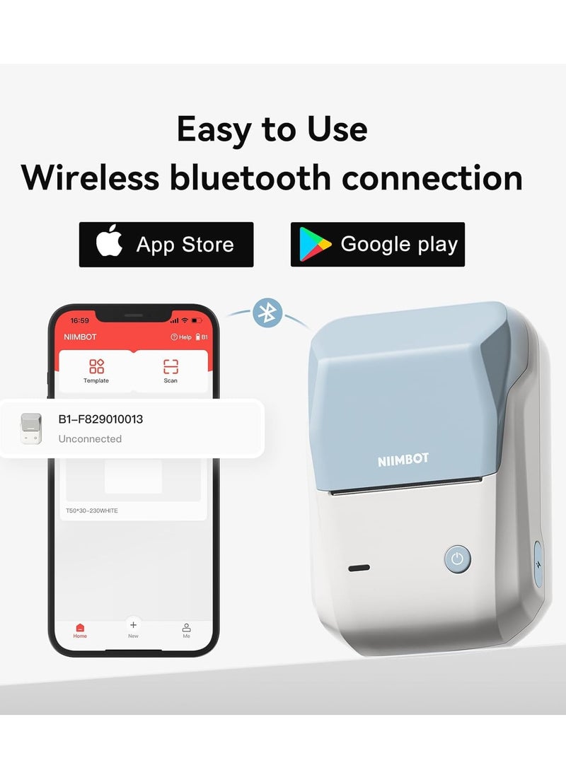 NIIMBOT - B1 Label Maker with Auto Identification, Thermal Label Printer with 1 Roll 50mm*30mm White Tape, Portable Bluetooth Label Maker with  20-50mm Print Width, USB Rechargeable, Easy to Use for Office, Home, Business, Blue - Image 1