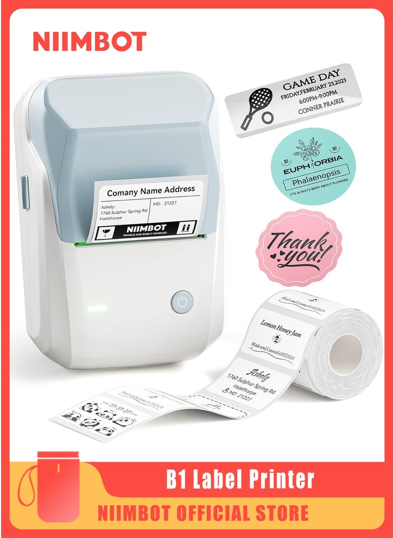 نيمبوت طابعة ملصقات حرارية B1 مع شريط أبيض مقاس 50 مم × 30 مم، صانع ملصقات بلوتوث محمول بعرض طباعة 20-50 مم، قابل لإعادة الشحن عبر USB، طابعة ملصقات حرارية سهلة الاستخدام للعمل والمكتب والفصول الدراسية والمطبخ والمنزل والتعلم والأعمال - Image 1