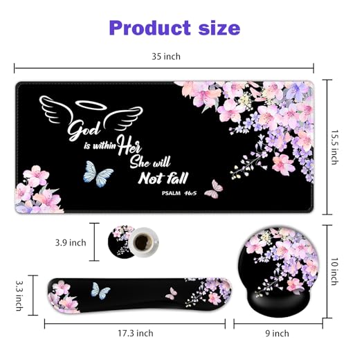 ARTSO Large Mouse Pad Ergonomic Keyboard Wrist Rest Support Combo, Psalm 46:5 God is Within Her, She Will not Fall -Bible Verse Flower Butterfly Extended Desk Mat Blotter - Image 5