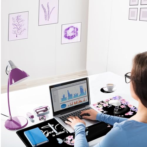 ARTSO Large Mouse Pad Ergonomic Keyboard Wrist Rest Support Combo, Psalm 46:5 God is Within Her, She Will not Fall -Bible Verse Flower Butterfly Extended Desk Mat Blotter - Image 2