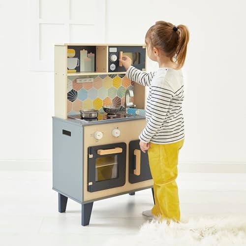 Janod Retro Mosaic Multicolored 34 Wooden Kitchen Play Set Pretend Cooking Realistic Sound and Lights Encourages Imaginative Play Durable Design Includes Accessories J06609 - Image 5