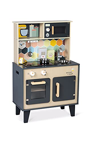 Janod Retro Mosaic Multicolored 34 Wooden Kitchen Play Set Pretend Cooking Realistic Sound and Lights Encourages Imaginative Play Durable Design Includes Accessories J06609 - Image 1