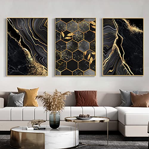 Ecyanlv Black and Gold Marble Canvas Wall Art Gold Abstract Prints Black and White Gold Poster for Living Room Decor Marble Canvas Painting Black and White Geometric Abstract Wall Art 16x24inch No Frame - Image 1