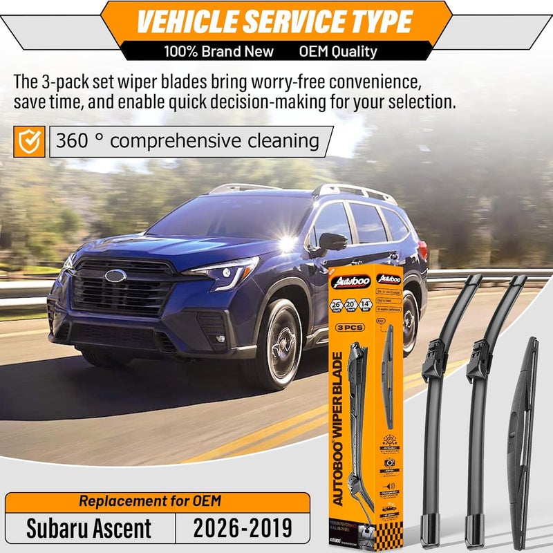 AUTOBOO 26"+20" Windshield Wipers with 14" Rear Wiper Blade Replacement for Subaru Ascent 2019 2020 2021 2022 2023 2024 2025-2026 -Original Factory Quality (Pack of 3) - Image 2
