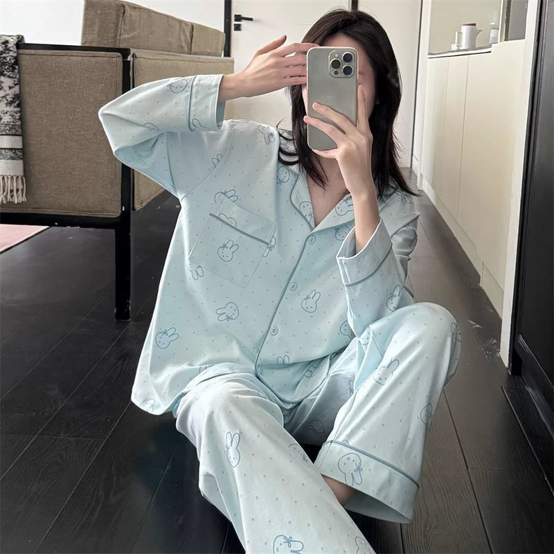 Korean Cartoon Polka Dot Rabbit Pajama Set for Women - Image 3