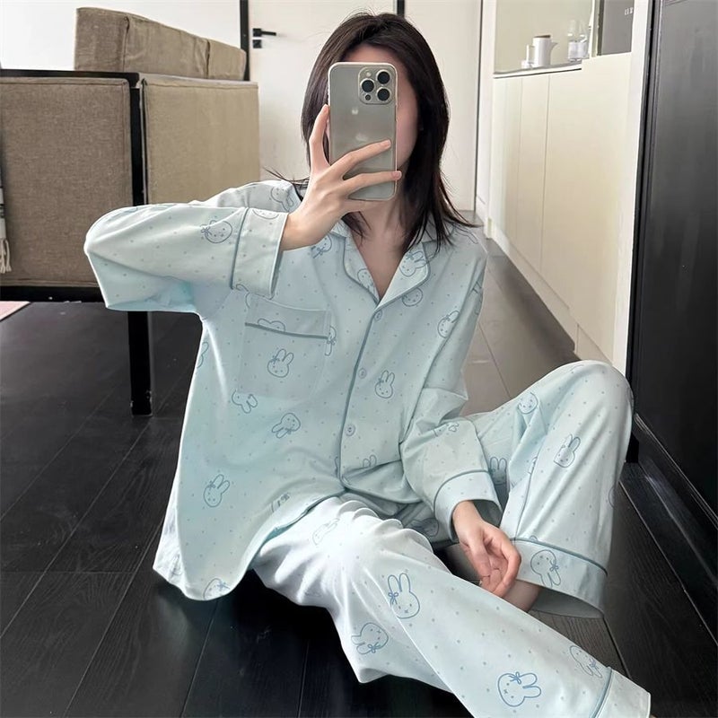 Korean Cartoon Polka Dot Rabbit Pajama Set for Women - Image 4