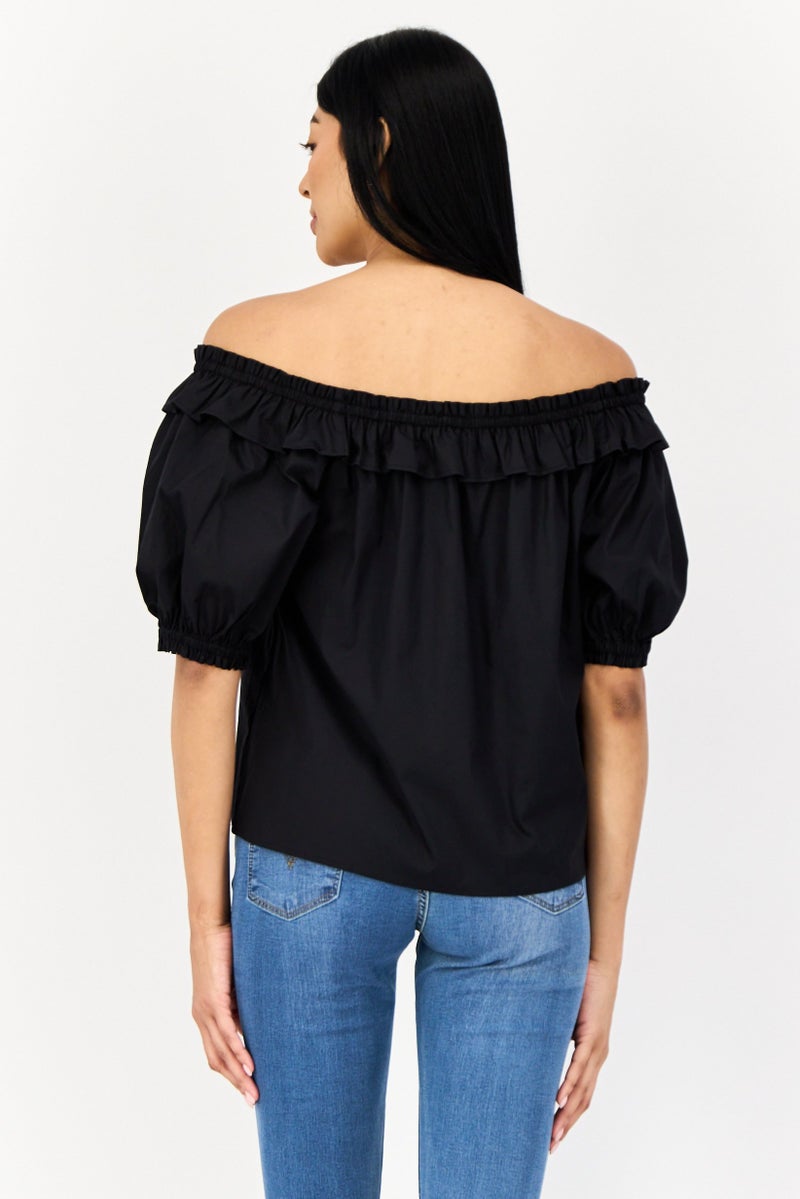 SALSA Women Off Shoulder Neck Short Sleeve Plain Blouse, Black - Image 2