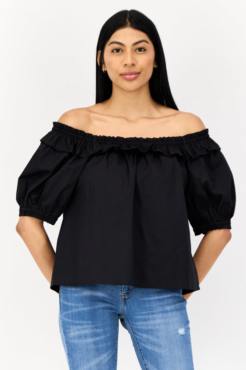 SALSA Women Off Shoulder Neck Short Sleeve Plain Blouse, Black - Image 1
