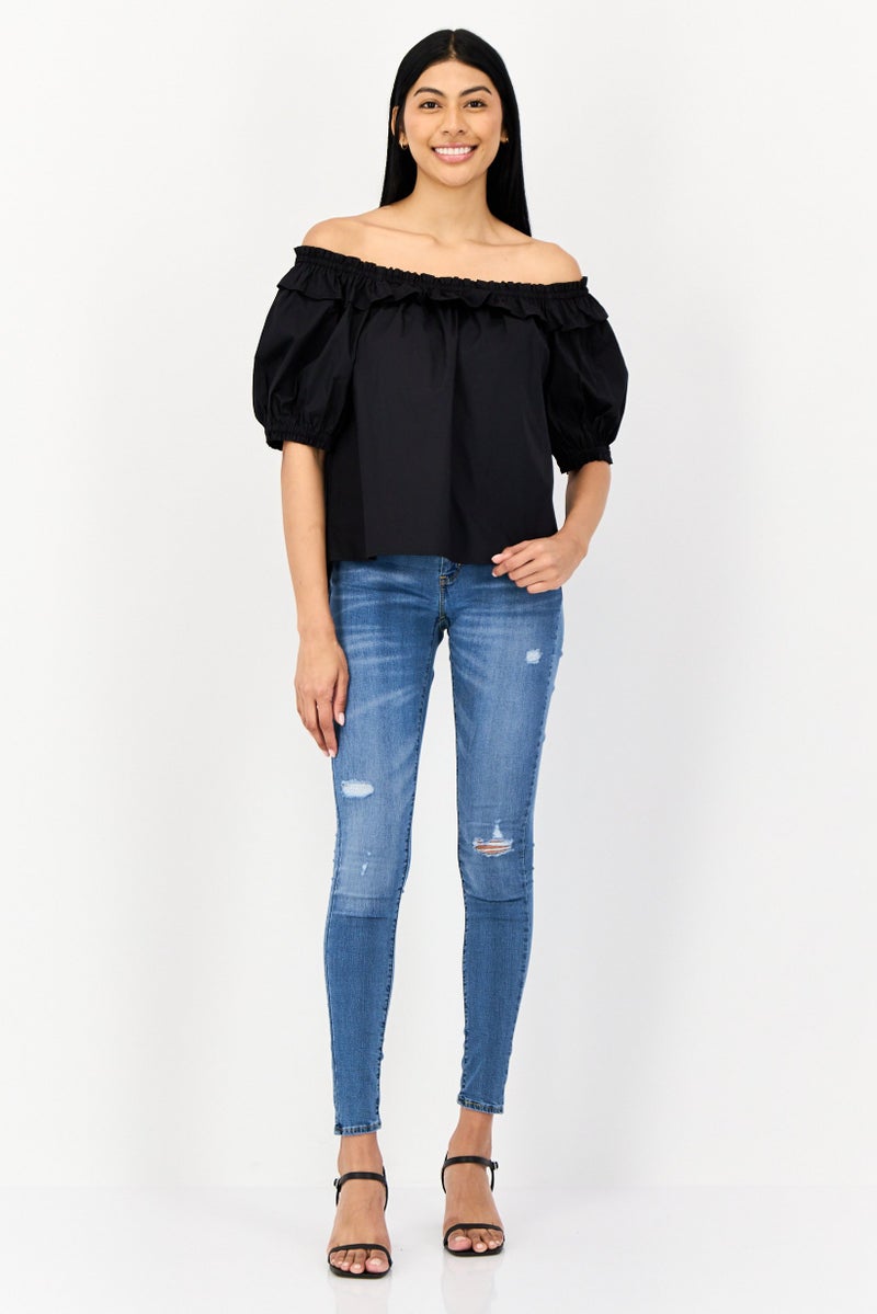 SALSA Women Off Shoulder Neck Short Sleeve Plain Blouse, Black - Image 3