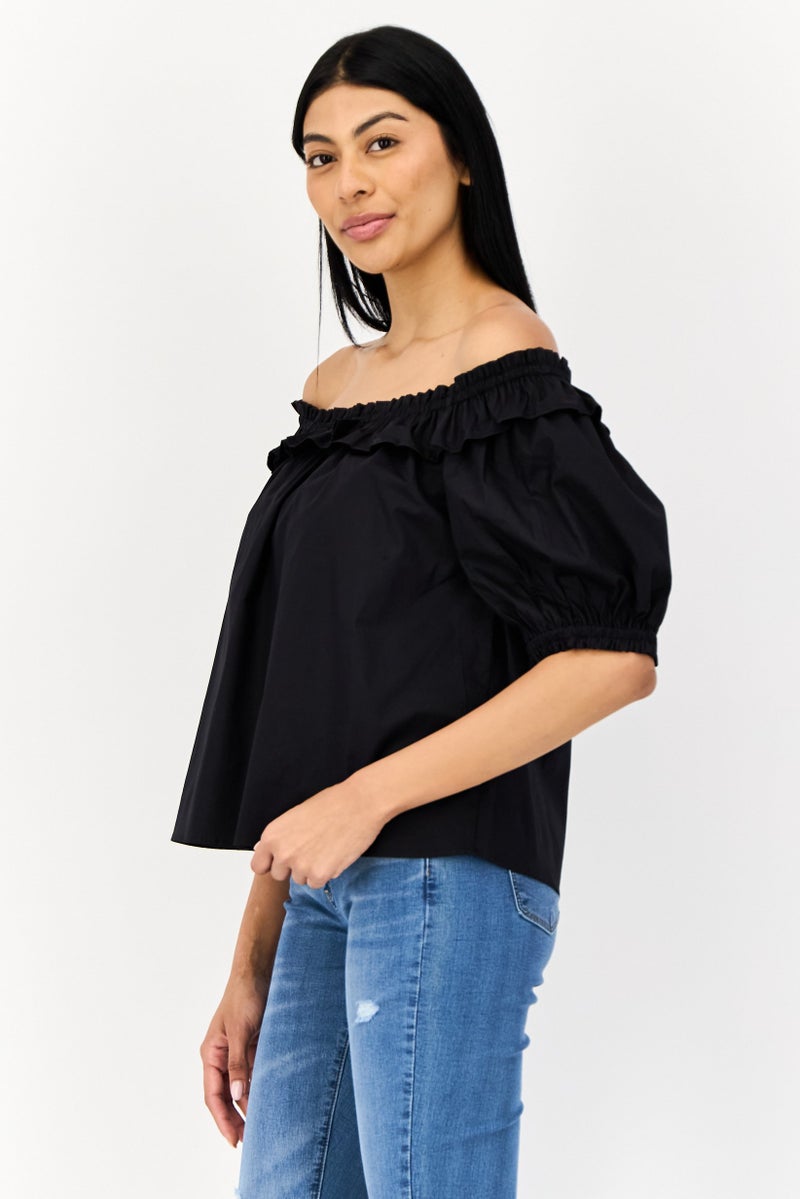 SALSA Women Off Shoulder Neck Short Sleeve Plain Blouse, Black - Image 2