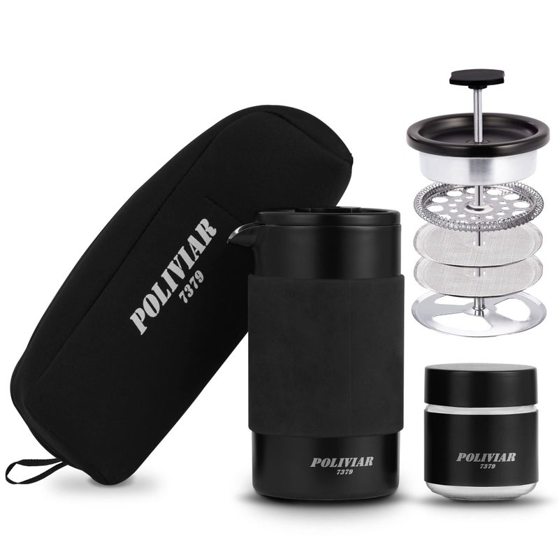 POLIVIAR 7379 POLIVIAR French Press Coffee Maker 12 oz Portable French Press with Mini Canister and Collection Bag Double Wall Insulation  Dual Filter Screen Food Grade Stainless Steel for Coffee