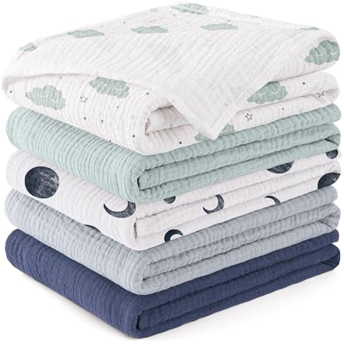 Susurration Baby Burp Cloths 5 Pack 100% Cotton Muslin Baby Washcloths 23.6 * 23.6 inch, Burping Cloths for Babies, Newborn Baby Boys Girls Essentials-Blue - Image 1