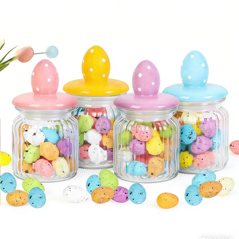 Shitailu Easter Decorations Glass Jars with Ceramic Egg Lids 4 Pack Airtight Candy Containers for Chocolate Sweets Mini Eggs Storage Spring Table Centerpiece Giftinclude Eggs - Image 2