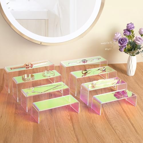 Jolboldy Iridescent Acrylic Display Risers, 8pcs Rainbow Display Stand Rectangular Stands Showcase Transparent Display Shelf for Dessert Cupcake Collectibles Figures Jewelry Perfume Christmas Decor - Image 2