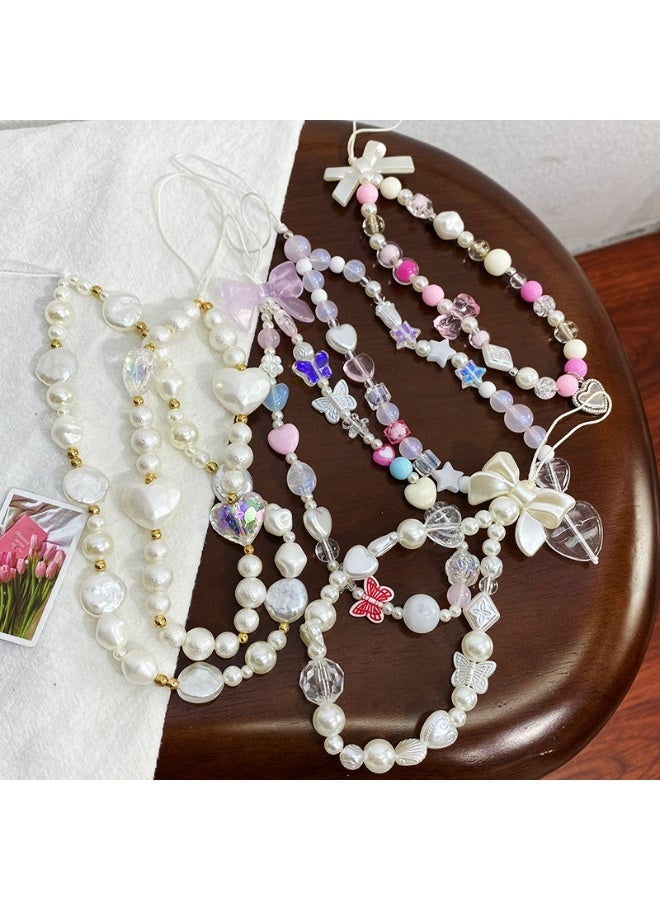 NIBEMINENT Beaded Phone Lanyard, Anti Lost Removable Wrist Strap, Geometric Pearl Heart Bow Bracelet Pendant, Phone Keychain Lanyard  - Image 2