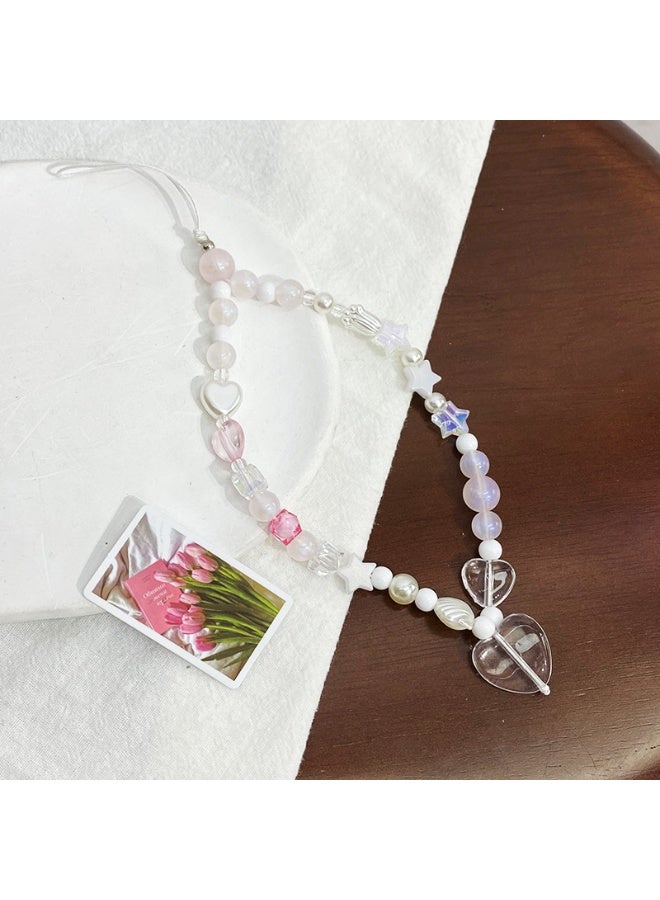 NIBEMINENT Beaded Phone Lanyard, Anti Lost Removable Wrist Strap, Geometric Pearl Heart Bow Bracelet Pendant, Phone Keychain Lanyard  - Image 1