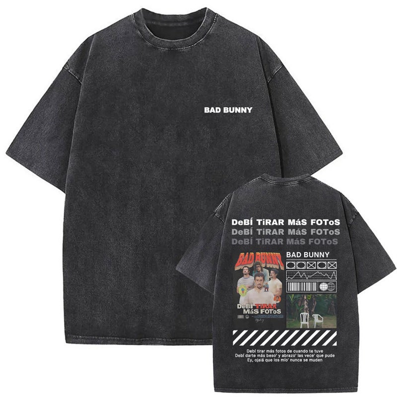 Washed Vintage Rapper Bad Bunny Face Graphic T-Shirt Debi - Image 1