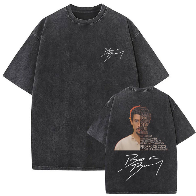 Washed Vintage Rapper Bad Bunny Face Graphic T-Shirt Debi - Image 2