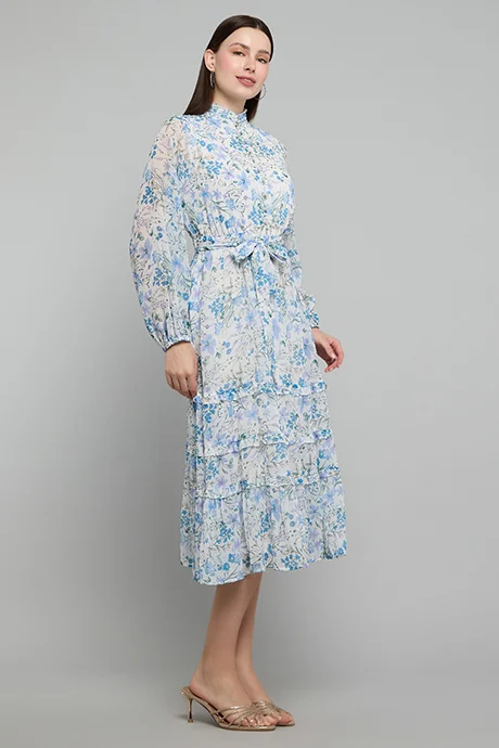 أر أند بي Floral Print Tiered Dress with High Neck and Puff Sleeves