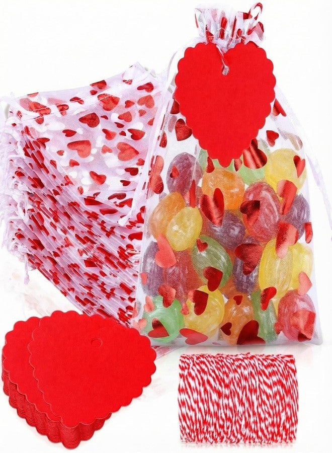 Shappy 100 Pcs Valentine's Day Heart Gift Bags and 100 Pcs Kraft Paper Tags Red Valentine Treat Candy Bag Drawstring Pouches Heart Shaped Paper Tag Name Labels with String for Present(5 x 7 Inch) - Image 1