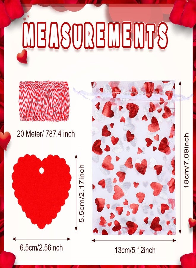 Shappy 100 Pcs Valentine's Day Heart Gift Bags and 100 Pcs Kraft Paper Tags Red Valentine Treat Candy Bag Drawstring Pouches Heart Shaped Paper Tag Name Labels with String for Present(5 x 7 Inch) - Image 3