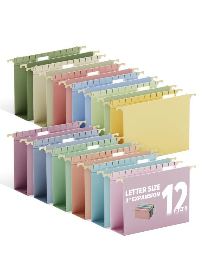 Ansook Letter Size Hanging File Folders Extra Capacity,3" Expansion Plastic Hang Folders for Filing Cabinet,Assorted Colors,12 Pack File Folders Hanging with Tabs,Office School Hanging File Organizer - Image 1