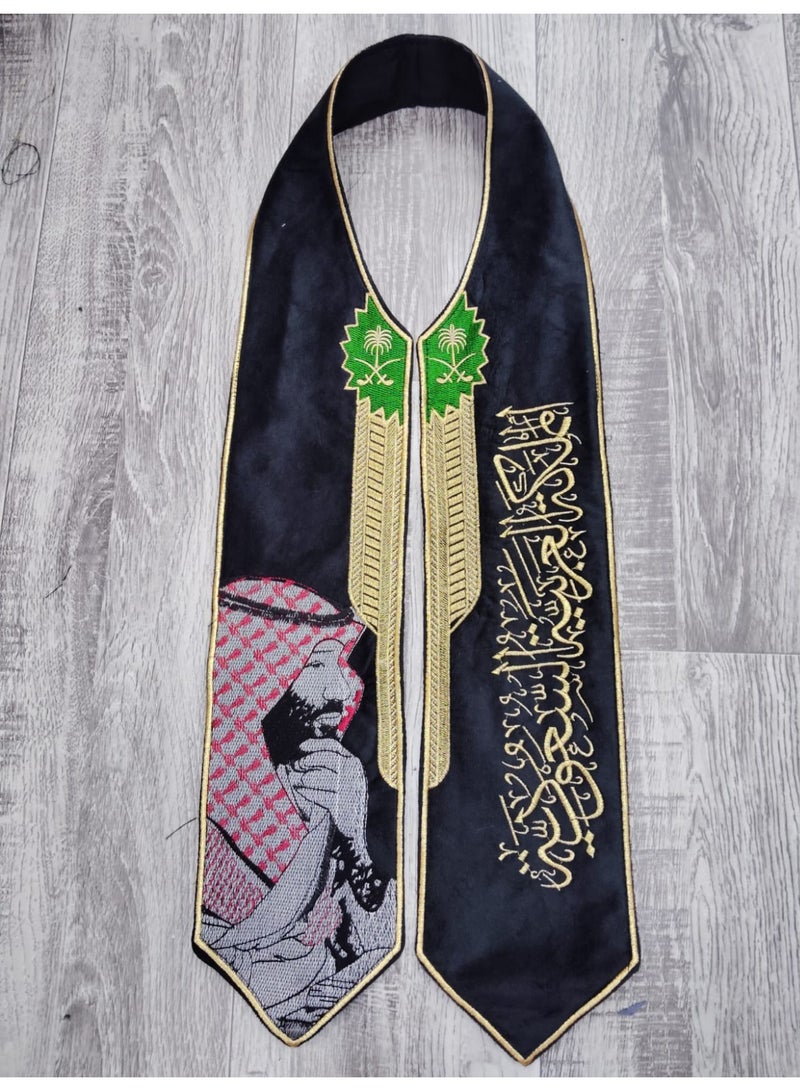 Saudi National Day Scarf for Men – A collection of premium embroidered designs inspired by Saudi identity; a celebratory scarf for national occasions, events, and festivities. Features soft velvet fabric with exquisite embroidery and a one-size-fits-all design. - Image 2