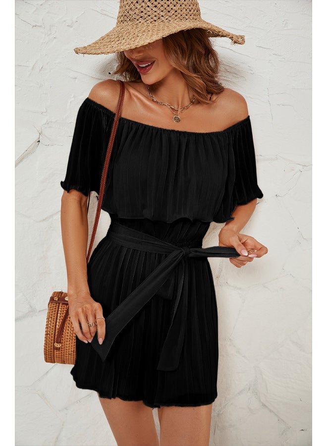 Women's European Station Summer New One-word Collar Pleated Five-sleeve Jumpsuit Women