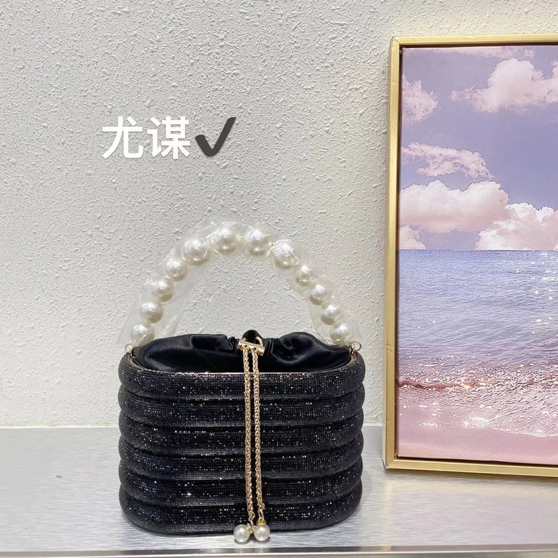Black And White Color Matching Shiny Diamond Basket Bucket Bag Banquet Bird Cage Drawstring Rhinestone Hand Messenger Bag For Women - Image 1