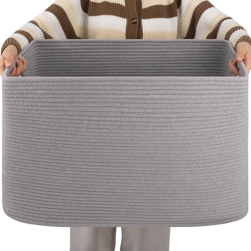 OIAHOMY XXLarge Rectangle Blanket Basket-96L, Cotton Woven Basket for Storage, Dirty Clothes Basket for Living Room, Nursery, Bedroom, Toy Organizing with Handle, 24" x 16" x 15", Grey - Image 1