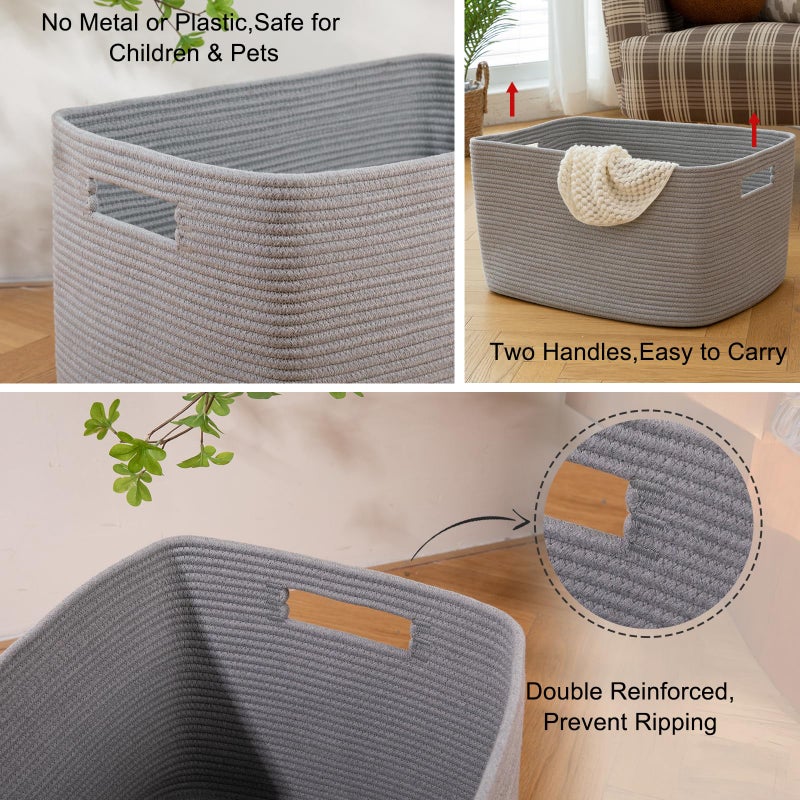 OIAHOMY XXLarge Rectangle Blanket Basket-96L, Cotton Woven Basket for Storage, Dirty Clothes Basket for Living Room, Nursery, Bedroom, Toy Organizing with Handle, 24" x 16" x 15", Grey - Image 4