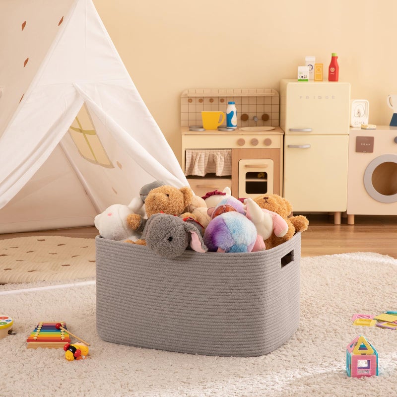 OIAHOMY XXLarge Rectangle Blanket Basket-96L, Cotton Woven Basket for Storage, Dirty Clothes Basket for Living Room, Nursery, Bedroom, Toy Organizing with Handle, 24" x 16" x 15", Grey - Image 2