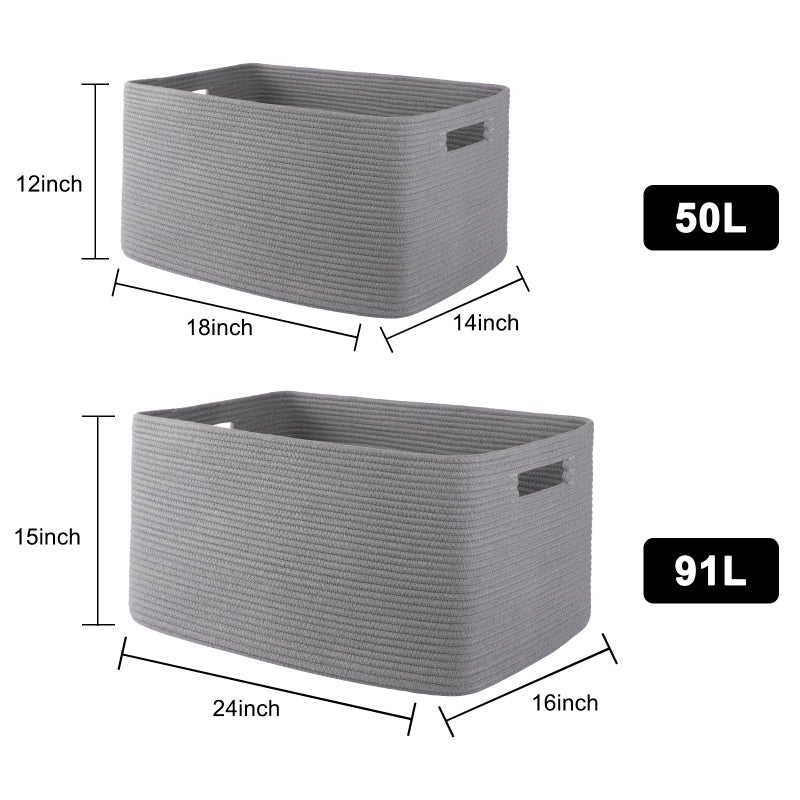 OIAHOMY XXLarge Rectangle Blanket Basket-96L, Cotton Woven Basket for Storage, Dirty Clothes Basket for Living Room, Nursery, Bedroom, Toy Organizing with Handle, 24" x 16" x 15", Grey - Image 3