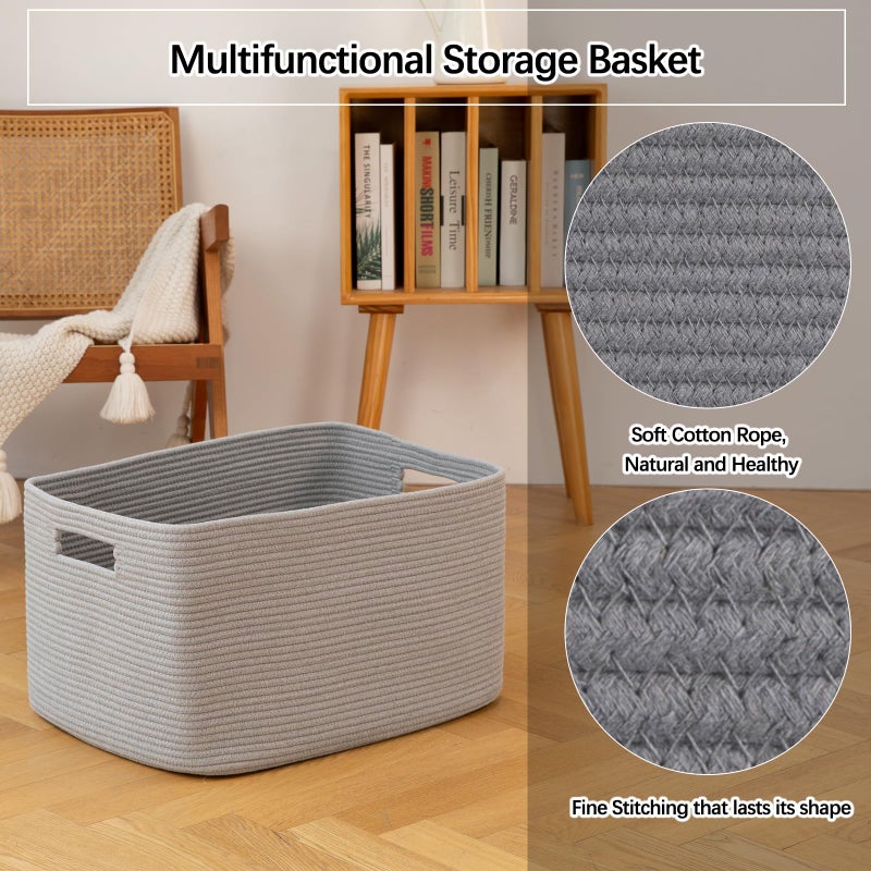 OIAHOMY XXLarge Rectangle Blanket Basket-96L, Cotton Woven Basket for Storage, Dirty Clothes Basket for Living Room, Nursery, Bedroom, Toy Organizing with Handle, 24" x 16" x 15", Grey - Image 5