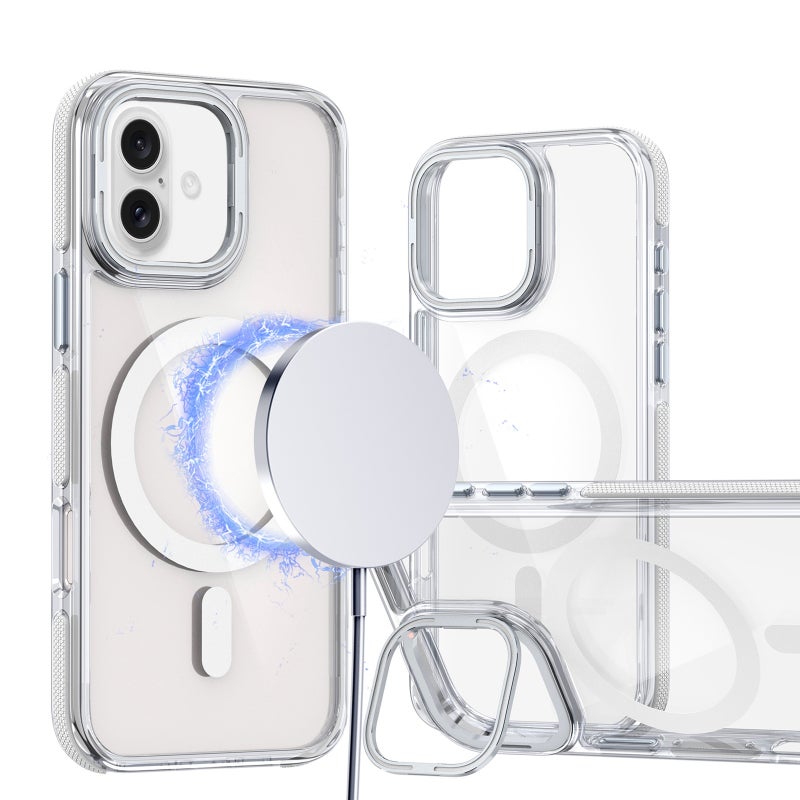 HuHa Protective Cover For iPhone 16 Dual-Color Clear Acrylic Hybrid TPU Lens Flip Holder MagSafe Phone Case(White) - Image 1