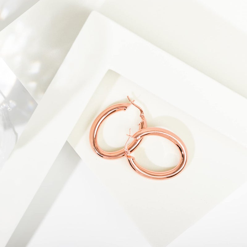 PAVOI 14K Gold Plated 925 Sterling Silver Post Monet Oval Chunky Lightweight Hoop Earrings for Women in Rose Gold - Image 3