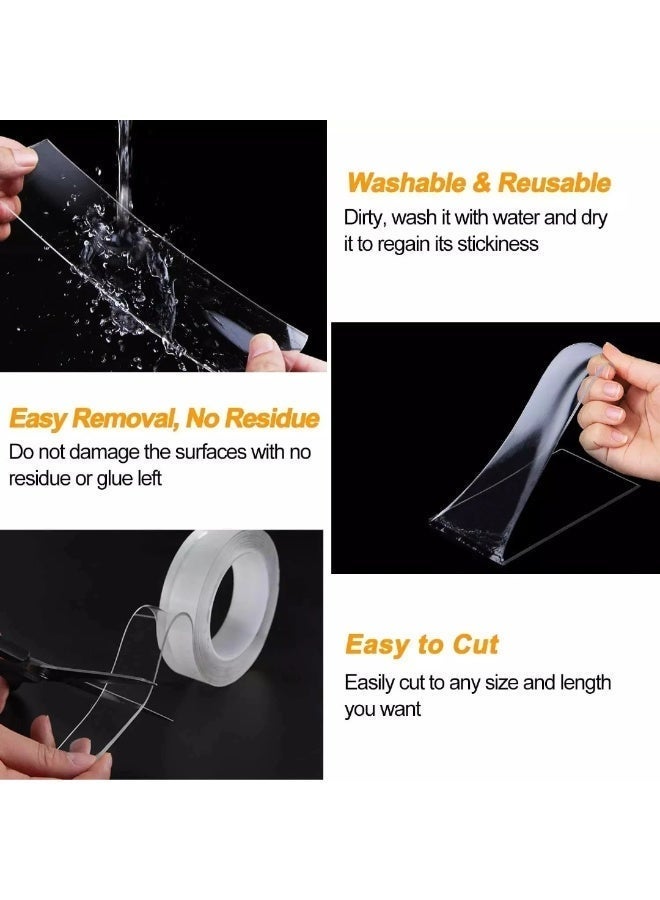 دبل فيس قوي للحائط – طول 5 متر، عرض 2 سم – شريط نانو لاصق مزدوج الجوانب، شفاف قابل للغسيل وإعادة الاستخدام – لتعليق الصور والإطارات بدون مسامير - Image 3
