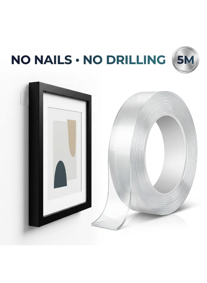 دبل فيس قوي للحائط – طول 5 متر، عرض 2 سم – شريط نانو لاصق مزدوج الجوانب، شفاف قابل للغسيل وإعادة الاستخدام – لتعليق الصور والإطارات بدون مسامير - Image 1