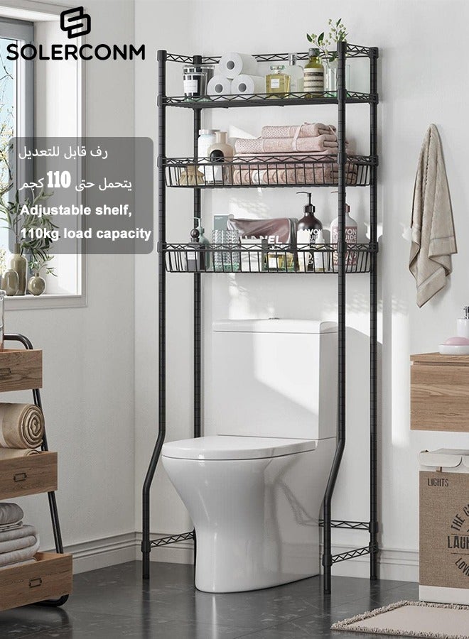 سولاكان رف تخزين فوق المرحاض بثلاث طبقات باللون الأسود، منظم حمام موفر للمساحة، حامل فوق المرحاض مزود بسلتين، أسود - Image 1