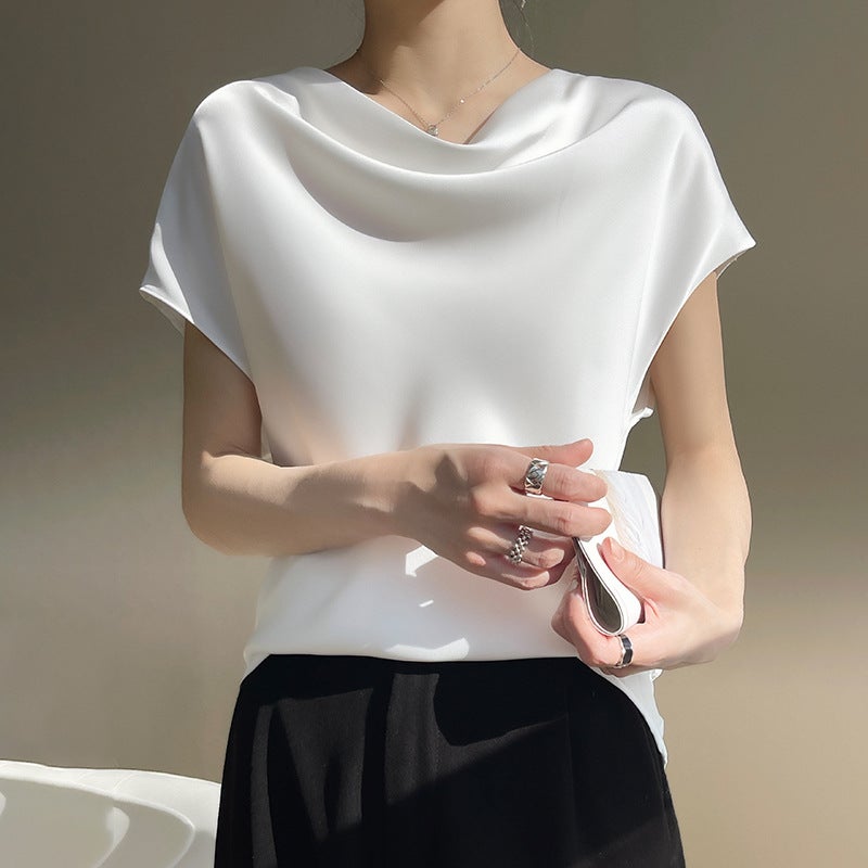 Silk Silk 2023 Summer New Women's French Style Elegant Satin T-shirt Large Size All-match Pile Collar Short-sleeve T-shirt - Image 3