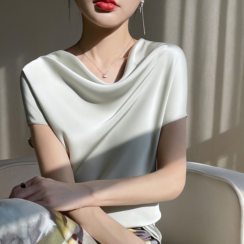 Silk Silk 2023 Summer New Women's French Style Elegant Satin T-shirt Large Size All-match Pile Collar Short-sleeve T-shirt - Image 1