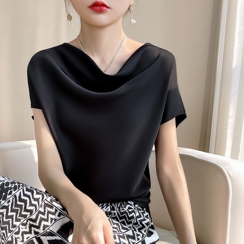 Silk Silk 2023 Summer New Women's French Style Elegant Satin T-shirt Large Size All-match Pile Collar Short-sleeve T-shirt - Image 2
