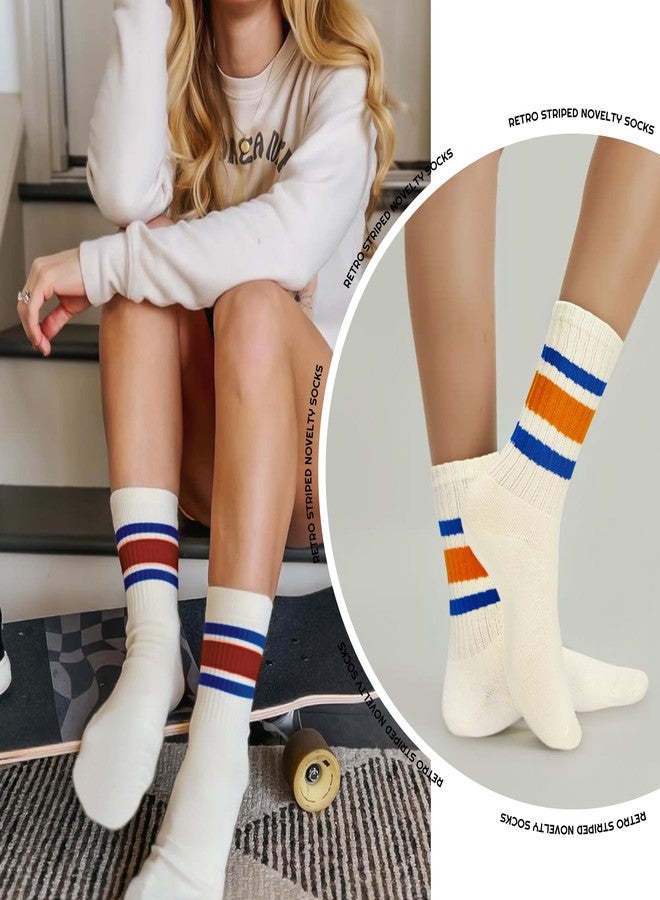 Zando Retro Striped Novelty Socks - Women's Crew & Calf Socks with Stripes, Cotton, Cozy & Vintage, Perfect for Hiking & Fashion - Image 5