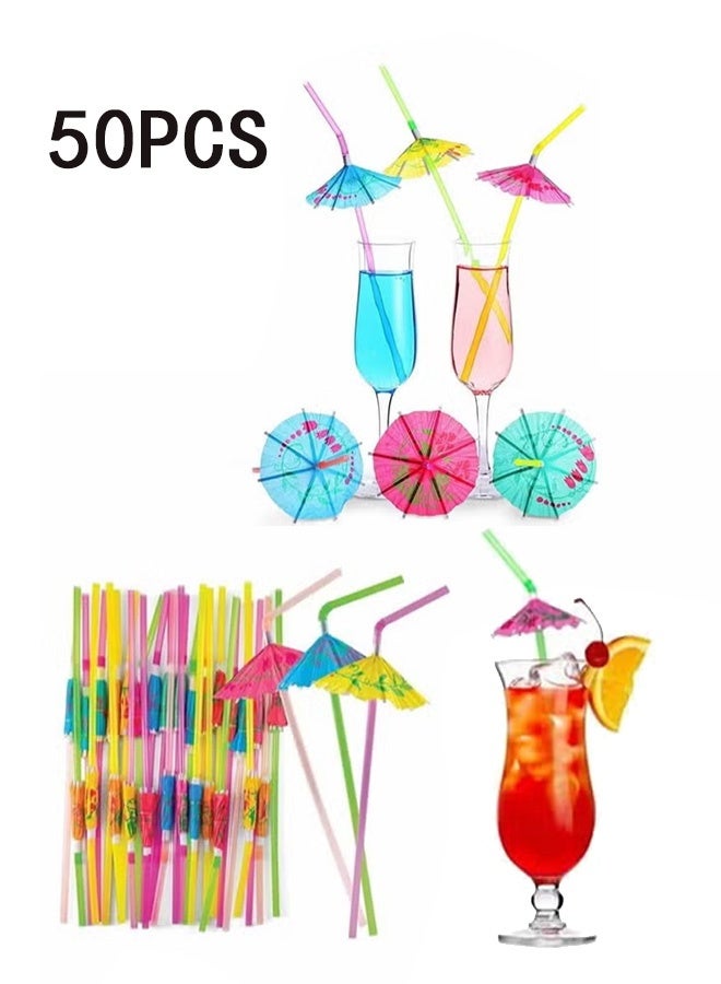50Pcs Hawaii Drinking Straws, Umbrella Drinking Straws, Multicolored Tropical Fancy Mini Paper Umbrella DrinkDisposable Bendable Drinking Straws for Island Themed Party, Kitchen Supplies, Restaurants  - Image 1