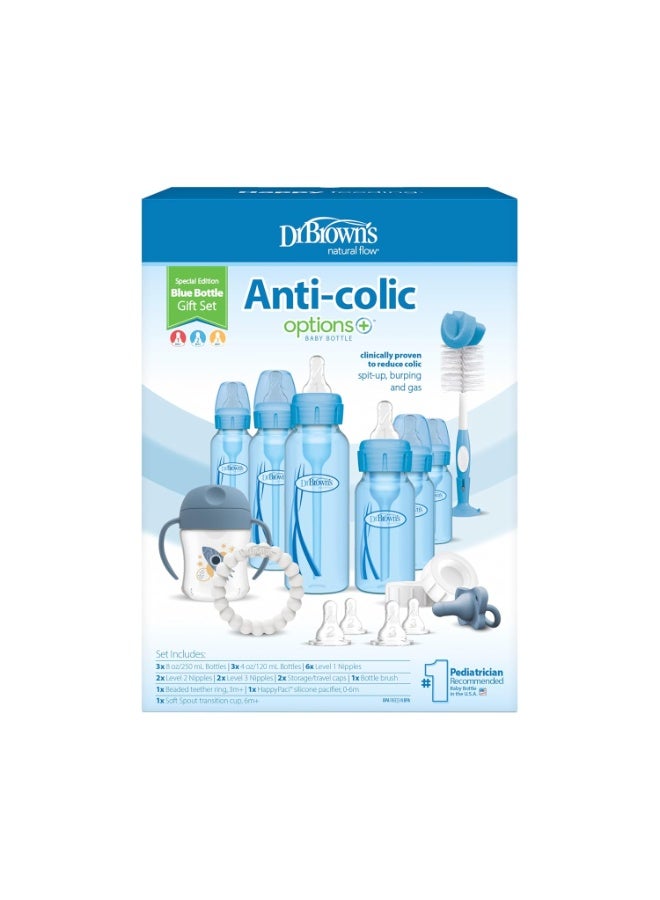 Dr. Brown's Dr. Brown's Natural Flow Anti-Colic Options+ Special Edition Blue Baby Bottle Gift Set with Soft Sippy Spout Transition Cup, Flexees Teether, Bottle Cleaning Brush and Travel Caps  - Image 3