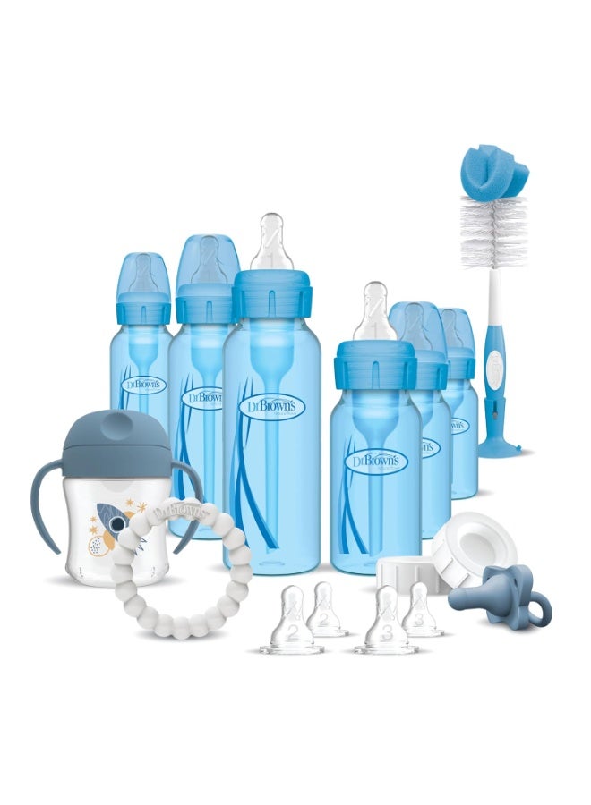 Dr. Brown's Dr. Brown's Natural Flow Anti-Colic Options+ Special Edition Blue Baby Bottle Gift Set with Soft Sippy Spout Transition Cup, Flexees Teether, Bottle Cleaning Brush and Travel Caps  - Image 1